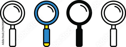 Magnifying glass icons in various styles: outlined, colored, and filled, for search functions.