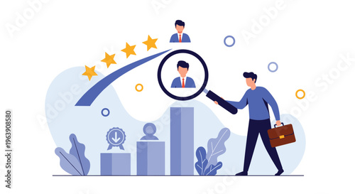Hiring manager with a briefcase using a magnifying glass to carefully evaluate candidates on a bar chart rating system.