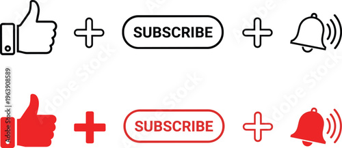 Social media buttons set: like, subscribe, and notification bell in black and red versions.