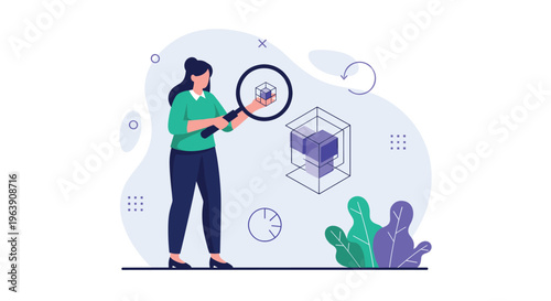 Professional female analyst uses a magnifying glass to inspect data blocks and structures for quality control and detailed business research.