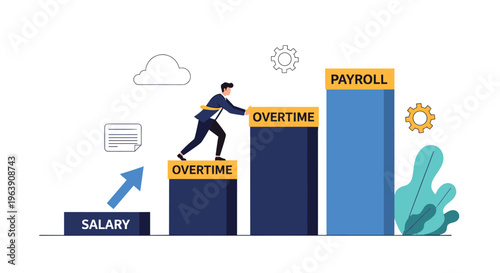 Dedicated employee works hard to increase payroll by pushing overtime blocks up a financial bar chart illustrating salary and income growth.