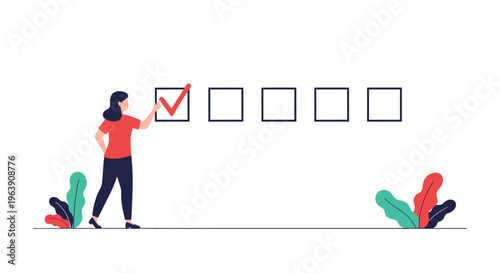 Focused woman completes a task by checking a box in a series of options representing goal achievement and successful project management.