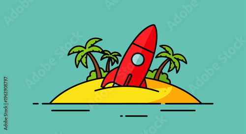 a stranded red rocket on a small tropical island with palm trees representing an unexpected space exploration journey or new business launch.