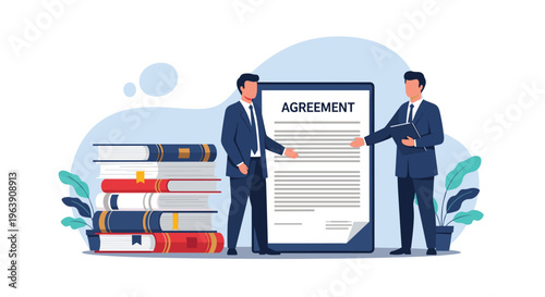 Professional businessmen stand next to a large legal agreement document after successfully negotiating terms and conditions for a deal.
