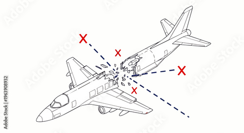 plane crash illustration detailing a mid-air aircraft collision with shattered fuselage emphasizing aviation safety and accident risks.
