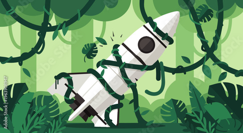 overgrown white rocket tangled by green jungle vines symbolizing a business setback or stalled technology project in nature.