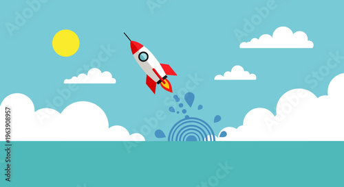 rocket launch a cartoon rocket taking off from blue water symbolizing startup business success and innovation under a clear blue sky.