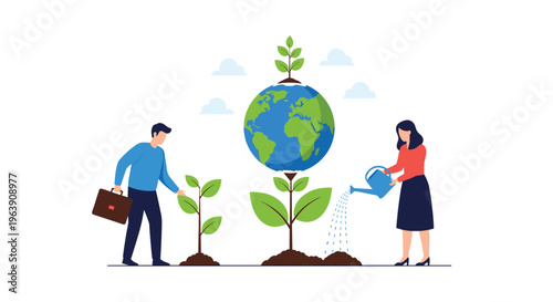 Dedicated environmental activists plant a tree where the leaves form a globe representing global conservation efforts on World Environment Day.