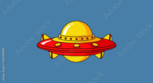 a bright red and yellow cartoon ufo flying across a simple blue background perfect for childrens books or sci-fi themes
