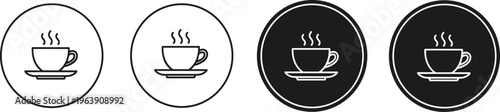 Coffee cup icons with steam on saucers in circular frames for cafe menus and hot beverage branding.