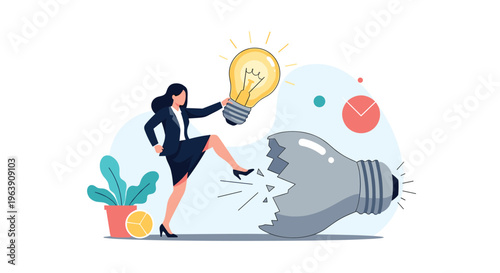 Innovative businesswoman replaces a broken idea with a new glowing light bulb representing successful problem solving and creative thinking.