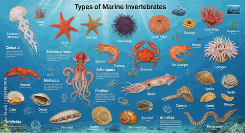Educational Poster of Diverse Marine Invertebrates and Sea Life Species