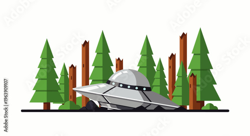 ufo crash lands in a serene forest landscape an alien spaceship incident for science fiction themes