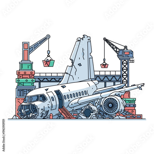 airplane wreckage and aircraft recycling at an industrial site illustrating plane salvage and deconstruction processes