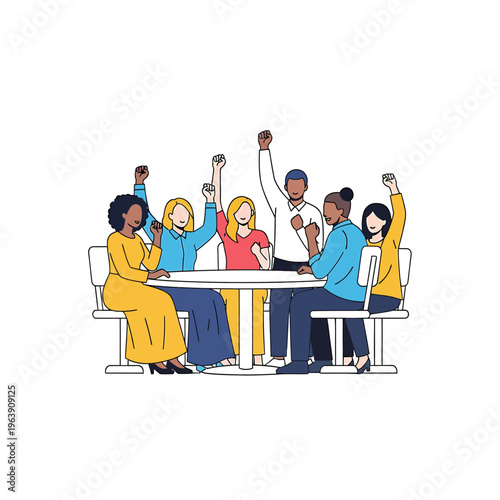 diverse team of people raising fists symbolizing unity social activism and empowerment in a clean flat design vector.