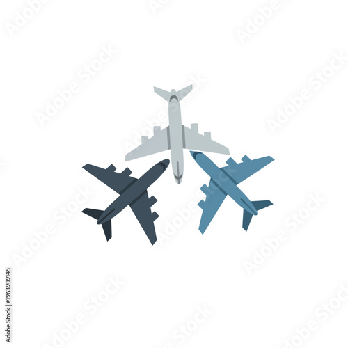 three airplanes in flat design style depict global travel and aviation logistics on a clean white background