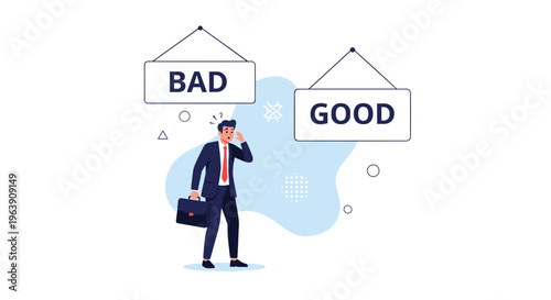 Uncertain businessman with a briefcase stands between signs labeled good and bad representing a difficult ethical choice or business decision.