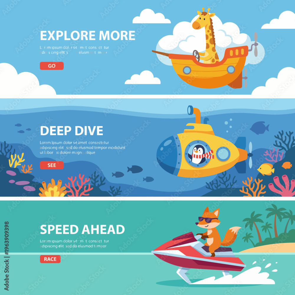 Naklejka premium A colorful and playful illustration depicting a whimsical adventure at sea, featuring charming characters and a journey theme of discovery and joy, perfect for children's content.