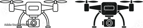 Professional drone with camera icons for aerial photography videography and remote surveillance tech.