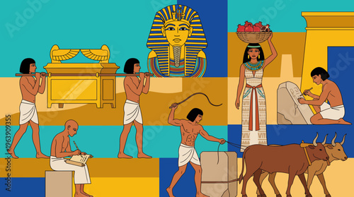 A vibrant illustration depicting ancient Egyptian life, featuring workers, a queen, and crafts as a representation of historical culture and societal roles during this era.