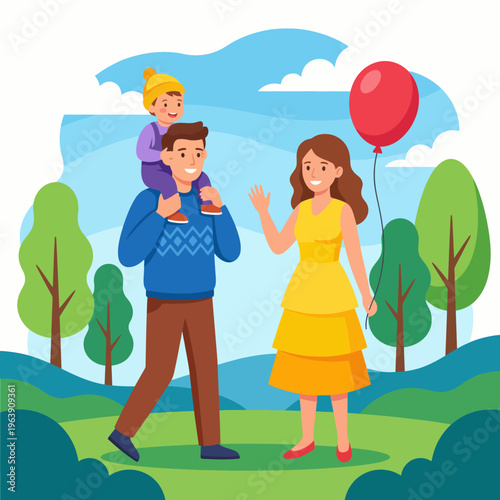 A joyful scene of a family in a natural setting, with a father carrying his child on his shoulders and a mother waving, expressing happiness and togetherness in outdoor activities.