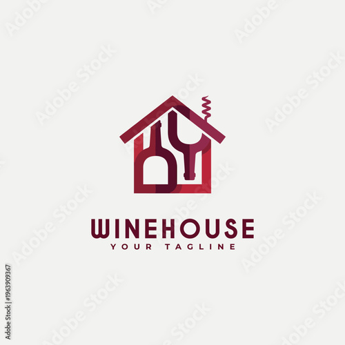 Fényképezés An elegant logo design for a wine business featuring a stylized house and wine bottles, representing hospitality, quality, and the joy of wine culture combined creatively