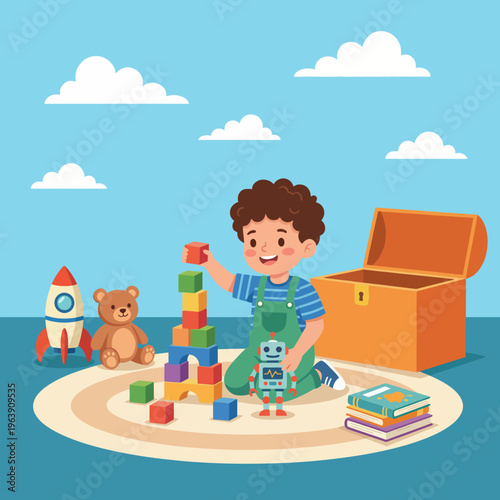 This delightful image features a young boy happily building with colorful blocks, symbolizing creativity, imagination, and the importance of play in early childhood development.