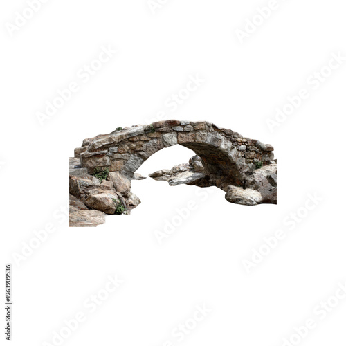 Old stone arch bridge rustic architecture ancient masonry structure weathered rocks historical pathway isolated on white background