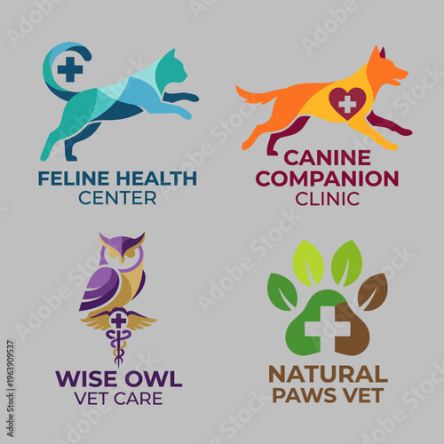 This collection of logos represents various veterinary clinics, symbolizing care, health, and companionship for pets, reflecting the importance of pet wellness and welfare.