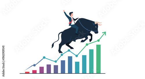 Successful investor rides a powerful bull up an increasing bar chart symbolizing a strong bull market and significant financial investment.