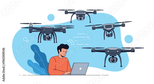 Expert pilot uses his laptop to remotely monitor and control a fleet of surveillance drones flying in the sky for technical data gathering.