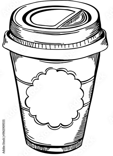 A black and white illustration of a hot beverage coffee cup with a lid on a plain background