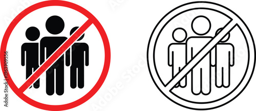 Prohibited social distancing group gathering prohibition no people sign symbol vector outline and filled icon.
