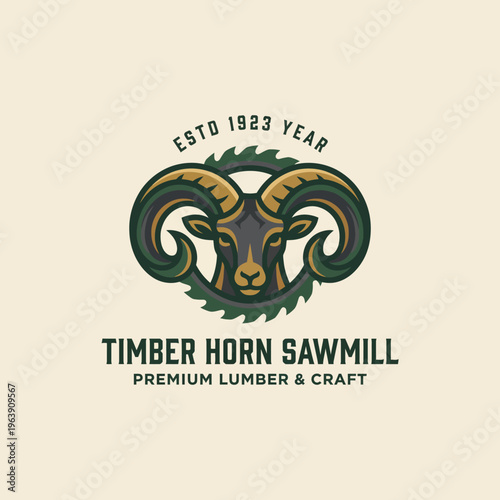This logo features a majestic ram's head surrounded by stylized leaves, representing strength and quality in lumber crafting since 1923, ideal for a sawmill brand.