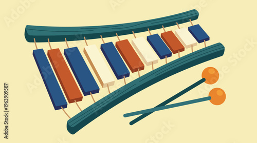 An artistic representation of a xylophone, featuring brightly colored bars and mallets, symbolizing creativity and the joy of music in a vibrant, playful manner.