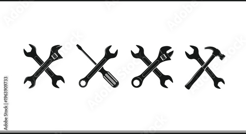 Set of various tools cross on transparent background, collection of wrenches, screwdriver, hammer.