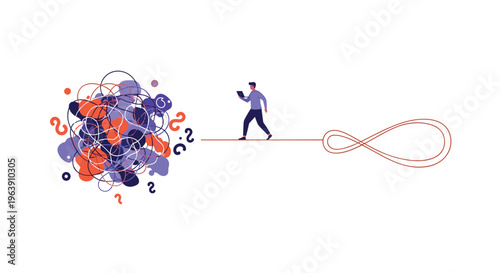 Focused man walks from a chaotic tangle of lines toward a structured infinity symbol representing the path to endless business clarity.