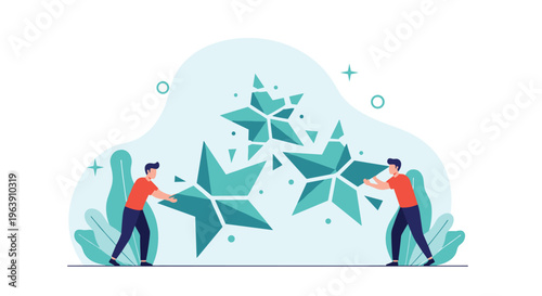 Dedicated team members work together to reconstruct shattered stars representing the restoration of business quality and high user ratings.