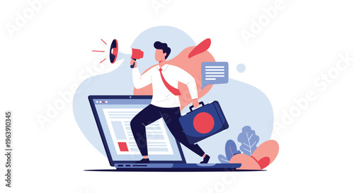 Motivated marketing professional runs out of a laptop screen with a megaphone representing the dynamic nature of digital advertising and sales.