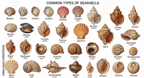 Educational Chart of Common Seashell Types and Marine Mollusk Shells