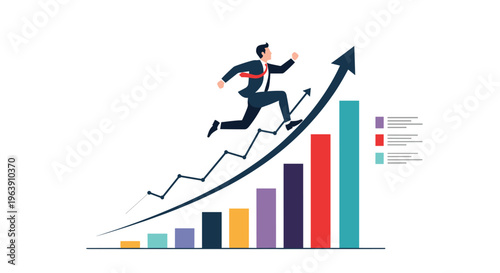Ambitious corporate executive runs up a steep growth arrow on a bar chart symbolizing fast career advancement and financial success.