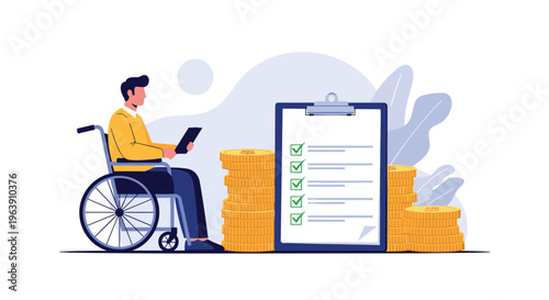 Determined disabled professional manages his finances and task list next to piles of coins illustrating successful inclusive employment.