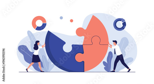 Collaborative business partners push two large colorful puzzle pieces together to finalize a joint project and achieve a common strategic goal.