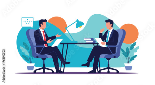 Two professional businessmen sitting at a desk having an interview or business meeting in a modern and colorful office space.