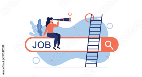 Focused woman sitting on a large digital job search bar using a telescope to look for new career opportunities near a ladder.