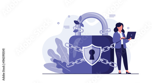 Cybersecurity expert woman working on a laptop next to a massive padlocked vault with heavy chains protecting digital data.