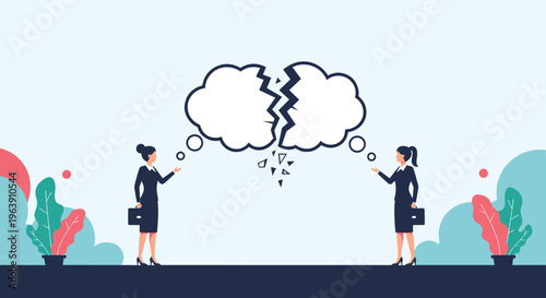Illustration of a disagreement or broken communication between two professional women represented by a cracked thought bubble.