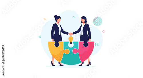Two businesswomen shaking hands over connected puzzle pieces and a glowing light bulb symbolizing a successful partnership and idea.