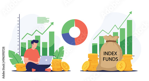 Investor sitting with a laptop analyzing financial charts next to a large bag labeled index funds filled with gold coins.