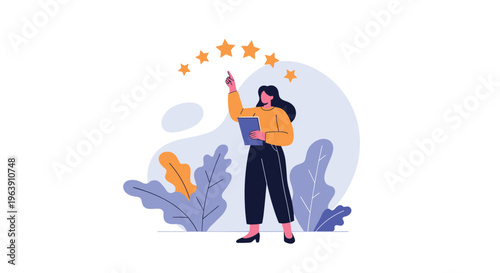 Professional woman with a tablet pointing at five glowing stars representing a top rating and excellent customer service.